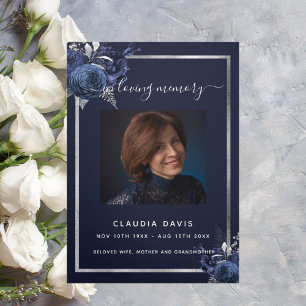 Blue floral silver photo tri-fold funeral program
