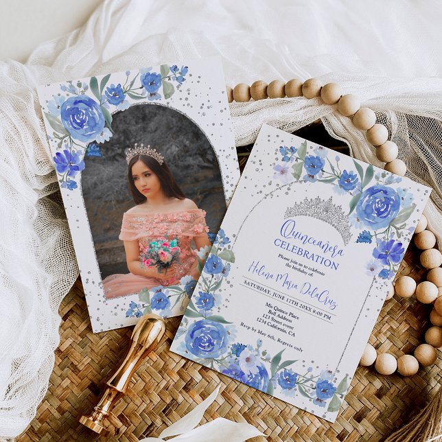 Blue floral silver tiara princess Quinceanera Invitation (Blue floral silver tiara princess Quinceanera Invitation )