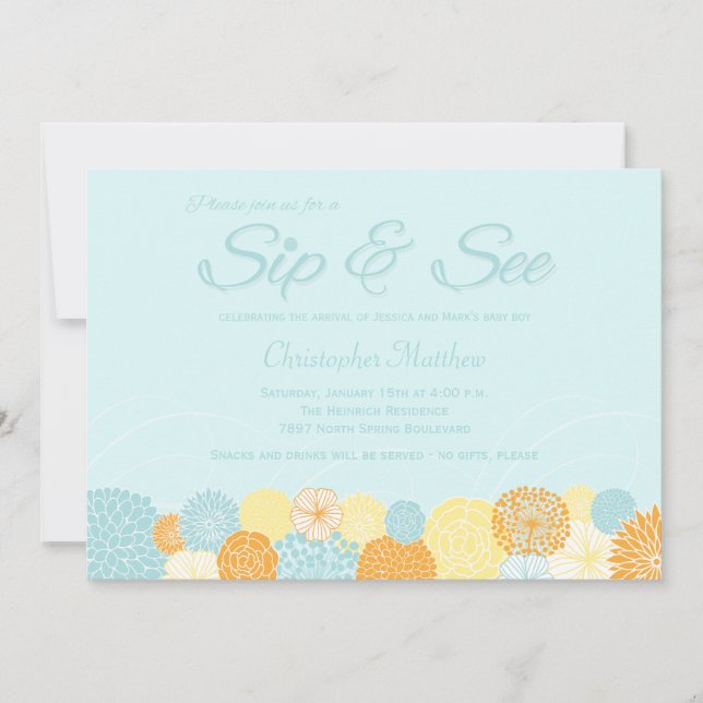 Blue floral sip and see new baby party invitation (Front)