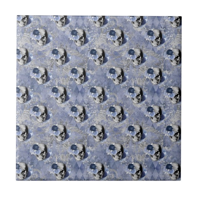 Blue Floral Skull Series Design 2  Tile (Front)