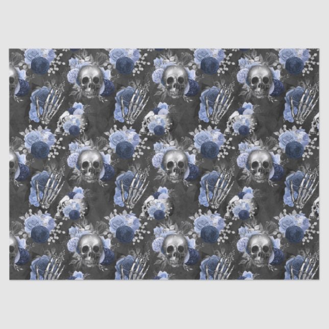 Blue Floral Skulls and Hands Dark Grey Decoupage Tissue Paper (Front)