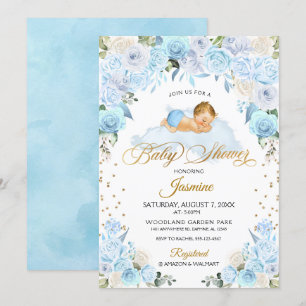 Blue Floral Sleeping Baby Shower Invitation