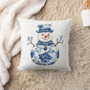 Blue Floral Snowman Winter Christmas Throw Pillow