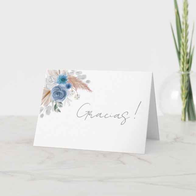 Blue Floral Spanish Baby Shower Boy Thank You Card (Front)