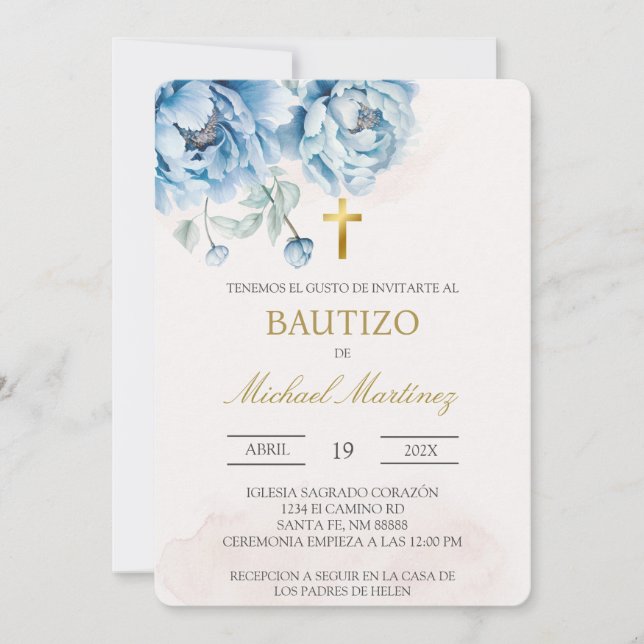 Blue floral Spanish baptism Invitation (Front)