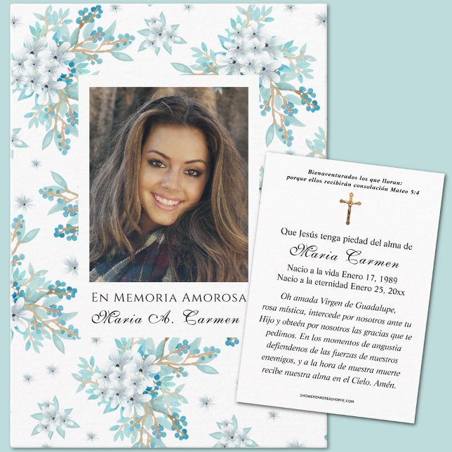 Blue Floral Spanish Funeral Prayer  Place Card (Creator Uploaded)