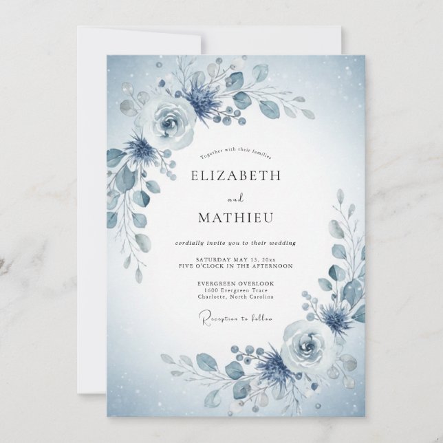 Blue Floral Spring Wedding Invitation (Front)