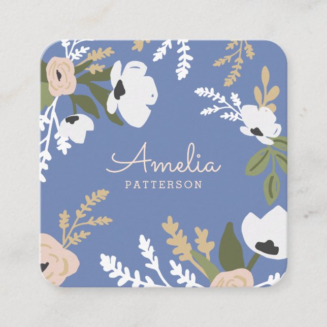 Blue Floral Square Business Card (Front)