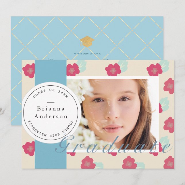 Blue Floral Stamp & Ribbon Photo Graduation Invitation (Front/Back)