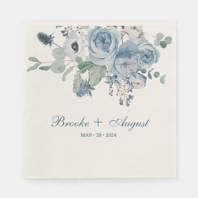 Blue Floral Standard Luncheon Wedding Napkin (Front)