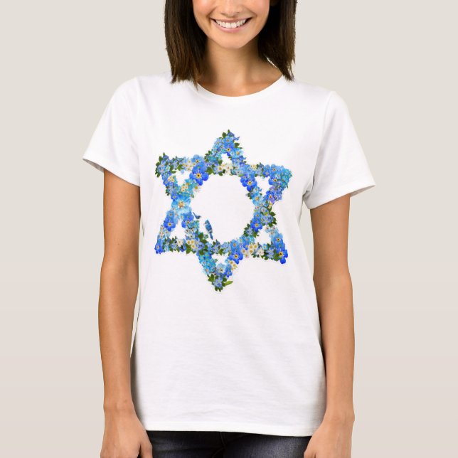 Blue Floral Star Of David Jewish Star  T-Shirt (Front)
