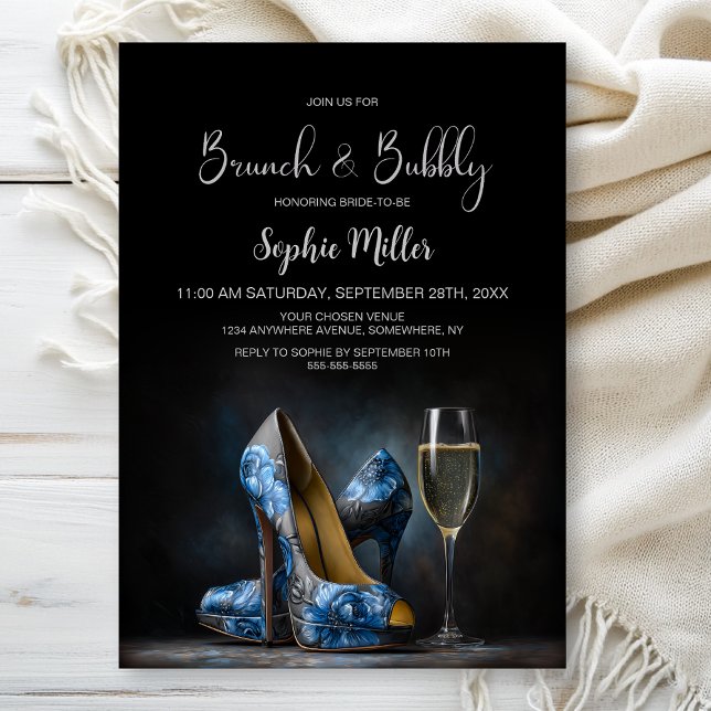 Blue Floral Stiletto Shoes Brunch and Bubbly Invitation (Creator Uploaded)