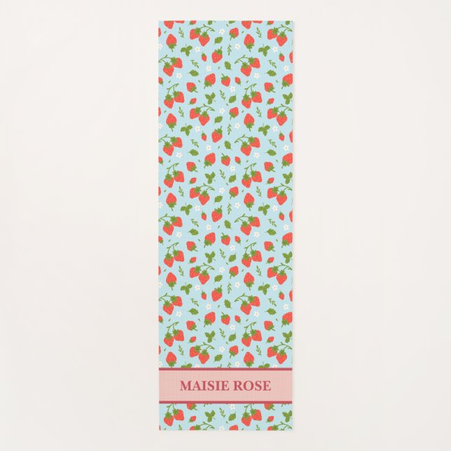 Blue Floral Strawberry Pattern Personalized Kids Yoga Mat (Front)