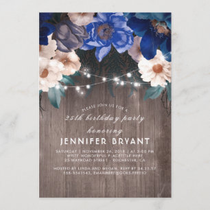 Blue Floral String Lights Rustic Birthday Party Invitation