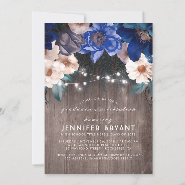 Blue Floral String Lights Rustic Graduation Party Invitation (Front)