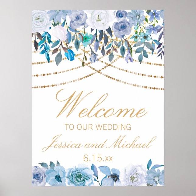Blue Floral String Lights White Wedding Welcome Poster (Front)