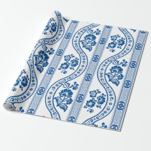 Blue Floral Stripe Elegance Wrapping Paper