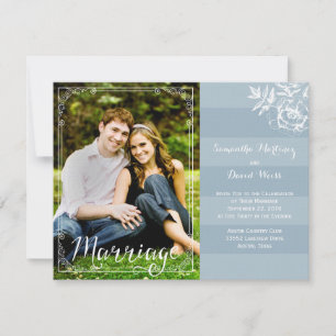 Blue Floral Stripe Wedding Invitation Announcement