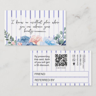 Blue floral stripes beauty salon referral card