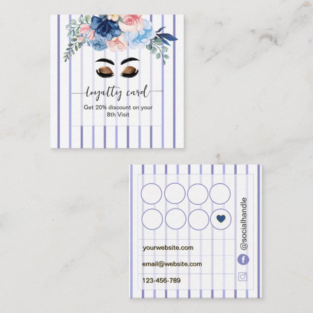 Blue Floral Stripes Lash tech Browbar Loyalty Card (Front/Back)