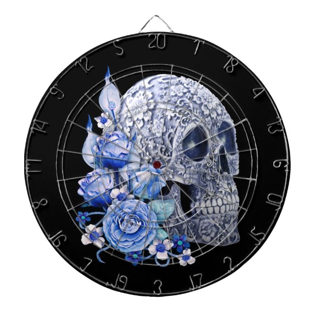 Blue Floral Sugar Skull Blue Flowers Dartboard (Front)