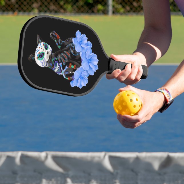 Blue Floral Sugar Skull Day Of The Dead Cat Pickleball Paddle (Insitu)