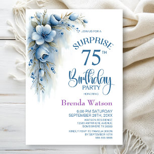 Blue Floral Surprise 75th Birthday Party Invitation