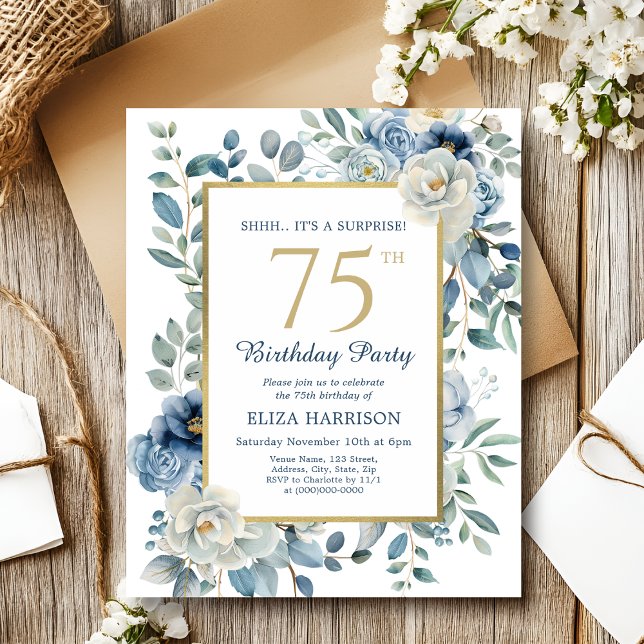 Blue Floral Surprise 75th Budget Invitation (Creator Uploaded)