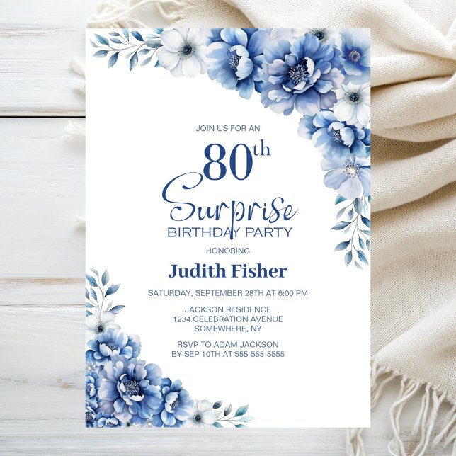 Blue Floral Surprise 80th Birthday Party Invitation (Creator Uploaded)