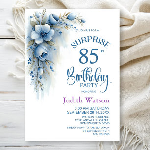 Blue Floral Surprise 85th Birthday Party Invitation