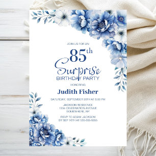 Blue Floral Surprise 85th Birthday Party Invitation