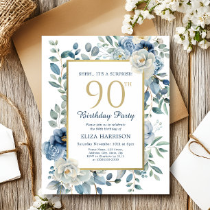 Blue Floral Surprise 90th Budget Invitation