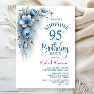 Blue Floral Surprise 95th Birthday Party Invitation
