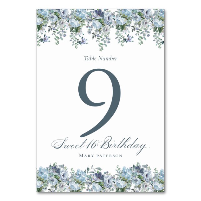 Blue Floral Sweet 16 Anniversaire Numéro de table (Par défaut)