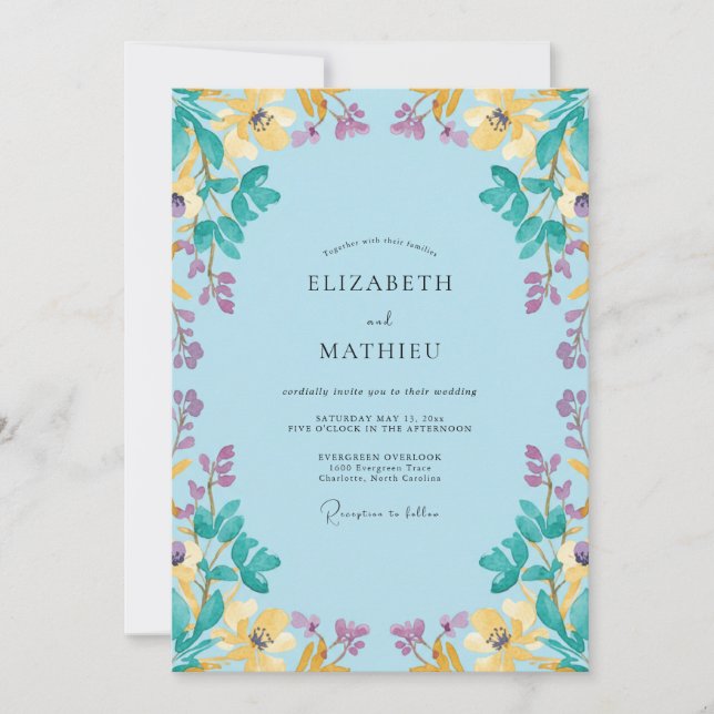 Blue Floral Swirl Wedding Invitation (Front)