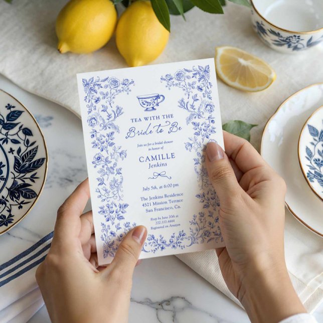 Blue Floral Tea Party Bridal Shower Invitation (Tea Party Blue Floral Bridal Shower Invitation)