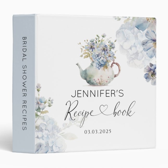 Blue Floral tea party Bridal Shower Recipe Book Binder (Front/Spine)