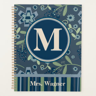 Blue Floral Teacher Personalized Monogram Name  Planner