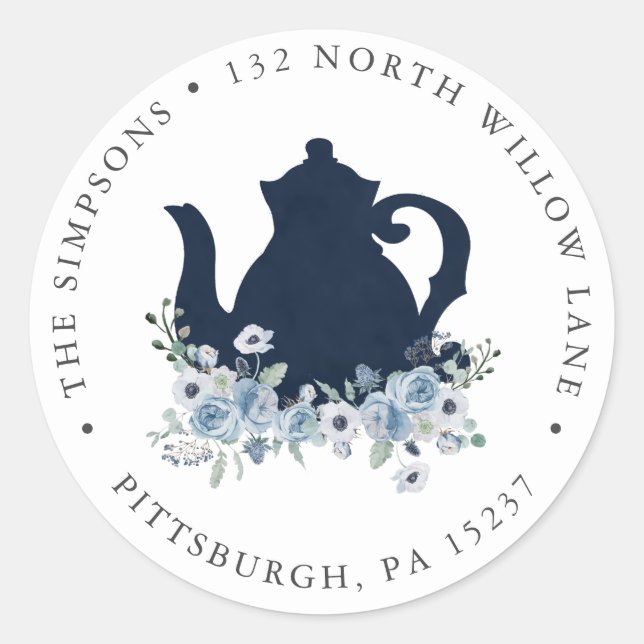 Blue Floral Teapot Return Address Classic Round Sticker (Front)