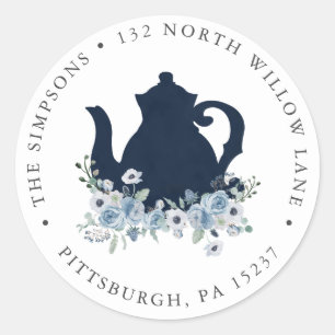 Blue Floral Teapot Return Address Classic Round Sticker