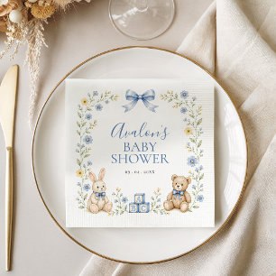 Blue Floral Teddy Bear Bunny Nursery Baby Shower Napkin