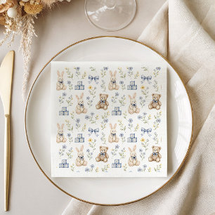 Blue Floral Teddy Bear Bunny Nursery Baby Shower Napkin