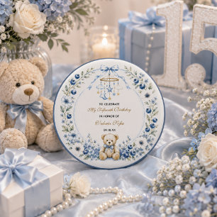 Blue Floral Teddy Bear Fifteenth Birthday party 1 Inch Round Button