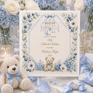 Blue Floral Teddy Bear Fifteenth Birthday party Napkin