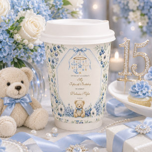 Blue Floral Teddy Bear Fifteenth Birthday party Paper Cups