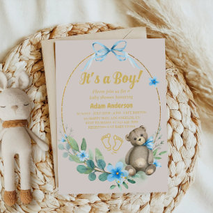 Blue Floral Teddy Bear It's a Boy Baby Shower Invitation