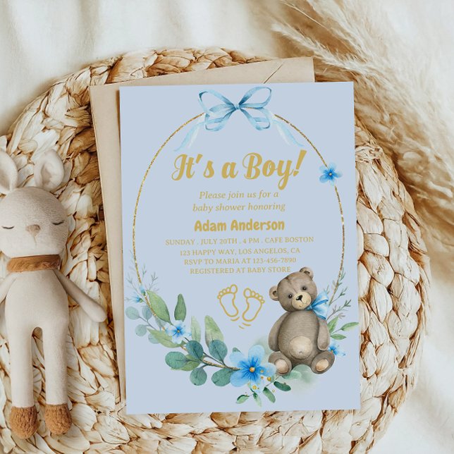 Blue Floral Teddy Bear It's a Boy Baby Shower Invitation (Creator Uploaded)