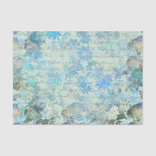 Blue Floral Texture Text Decoupage Paper (Front)