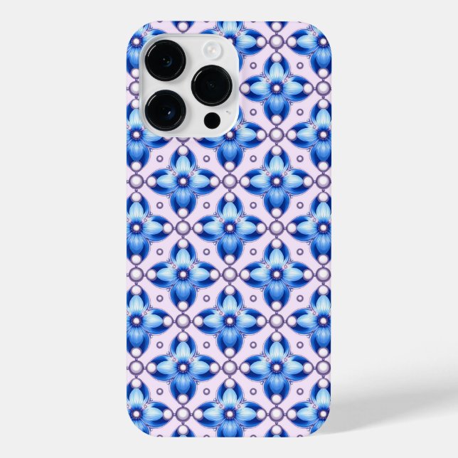 Blue Floral Tile Pattern With Pearl Accents  iPhone Case (Back)