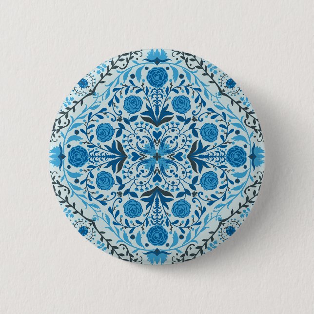 Blue floral tiles 2 inch round button (Front)